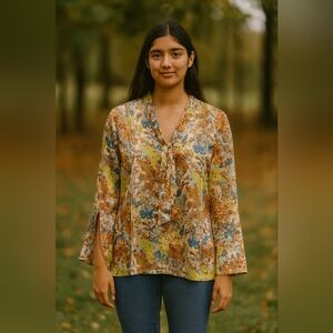 Norm Thompson New Floral‎ Boho Casual Button Front Blouse Size Large